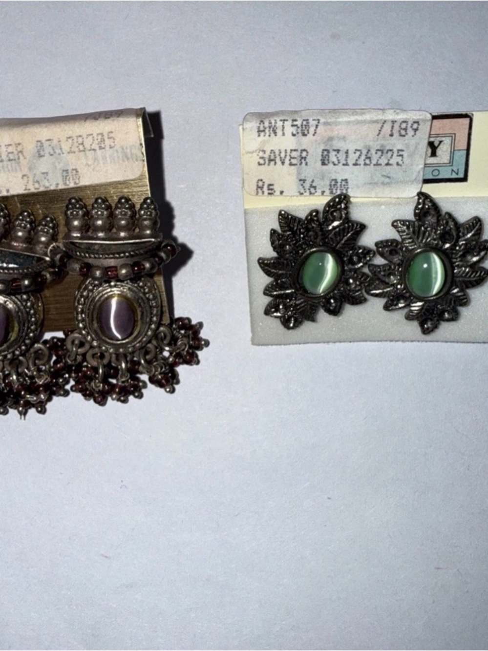Floral Leaf Stud Earrings with Green Cabochon - Unbranded